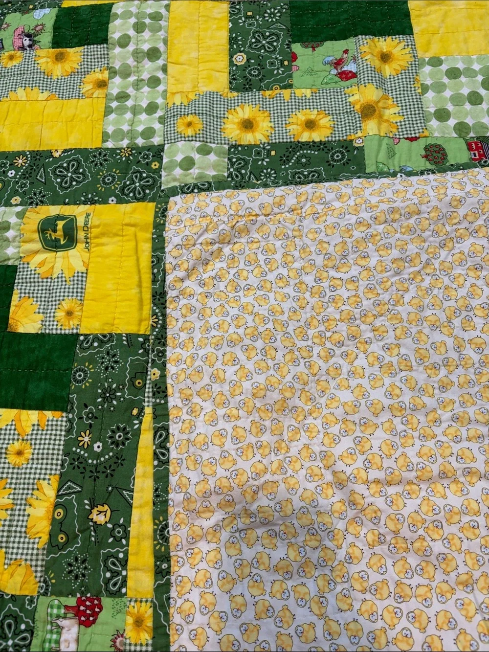 Handmade John Deer Sunflower & Tractor Patchwork Quilt - Green & Yellow